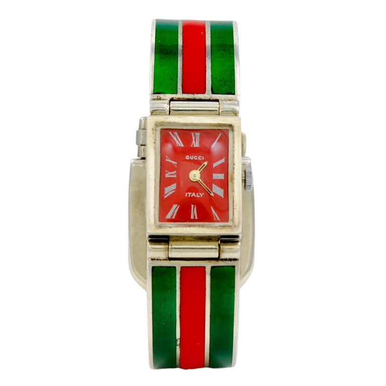 GUCCI Rare Red & Green Enamel & Sterling Buckle Bracelet Watch