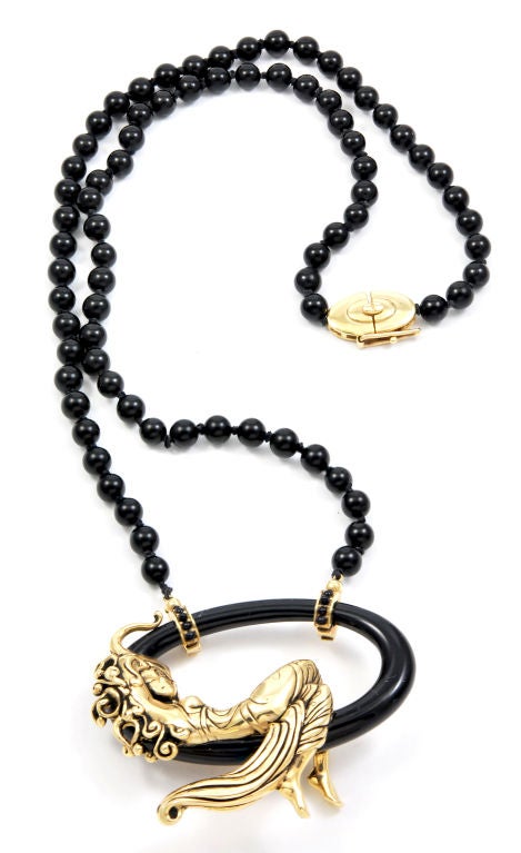 14K and onyx Erte Design necklace. Entitled: La Belle St.II.  Signed Erte, CFA (Circle Fine Arts Gallery) 14K.  Retail replacement cost is $6745.00. It is 18