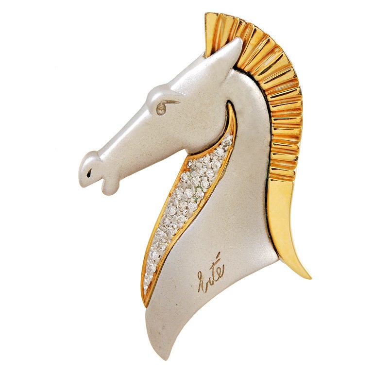 Erte Diamond Gold Le Cheval Horse Head Brooch For Sale