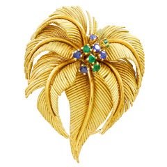 TIFFANY Handmade Fronds Palm Brooch with Sapphires and Emeralds