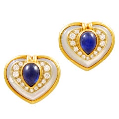 Vintage Elegant Gold, Sapphire, Diamond And Mother Of Pearl Earrings