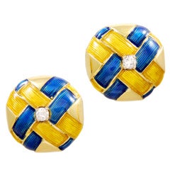Lovely Woven Gold Yellow And Teal Enamel Earrings