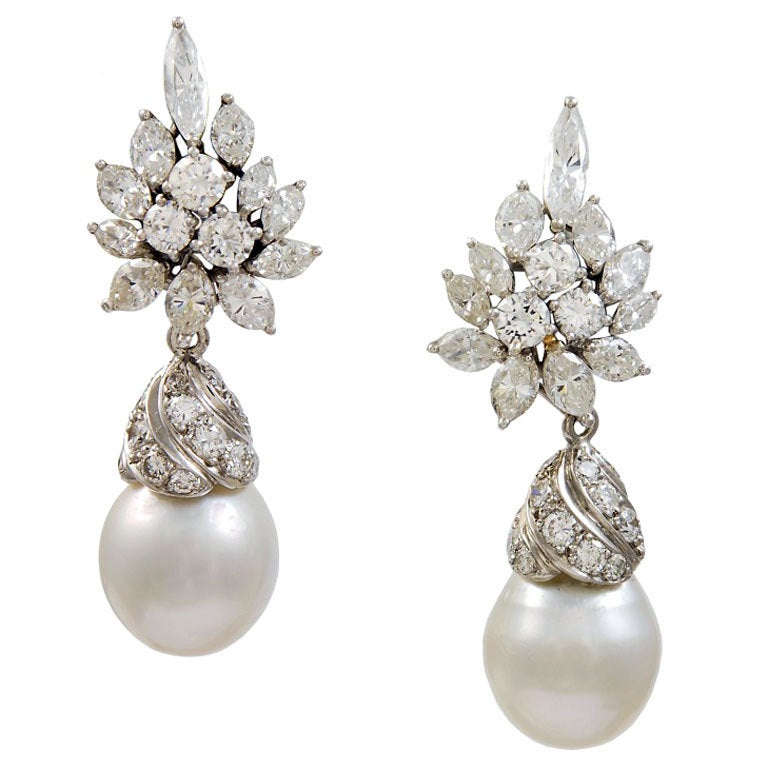 Glamorous Diamond and Pearl Drop Earrings at 1stdibs