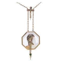 Vintage ERTE Design Carved Rock Crystal Emerald and Gold "Aventurine" Ne
