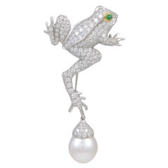 RARE TIFFANY Diamond and South Sea Pearl Leap Frog Brooch