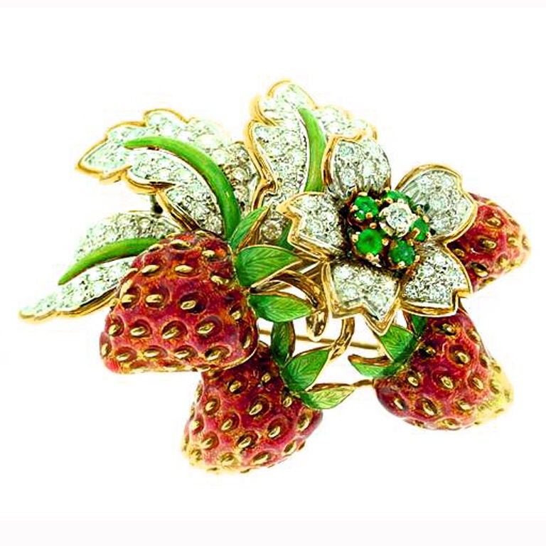MOBA  Diamond  Emerald  Enamel  "Strawberries"   Brooch
