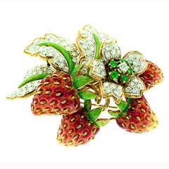 MOBA  Diamond  Emerald  Enamel  "Strawberries"   Brooch