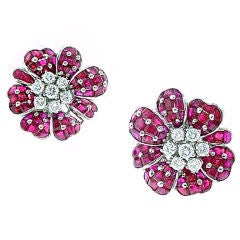 Ruby diamond  platinum  flower  earrings