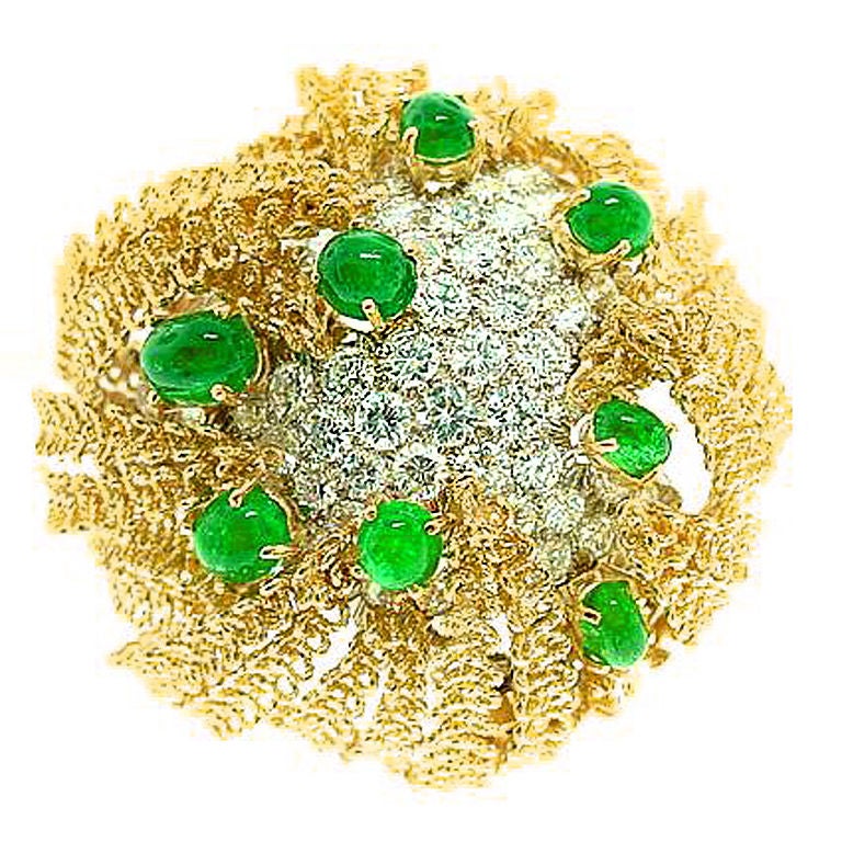 Cartier Captivating Emerald Diamond Gold Pin For Sale