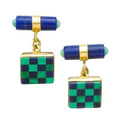 Sorab & Roshi Malachite Lapis Jade Checkerboard Gold Cufflinks