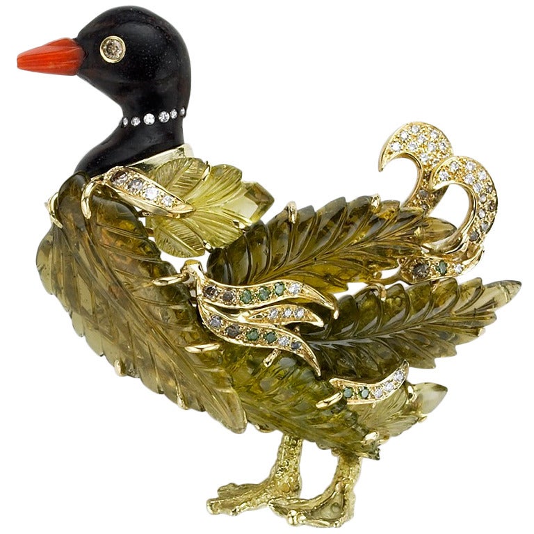 Sorab & Roshi Duck Pin of carved Tourmaline & Citrine with Diamonds For Sale