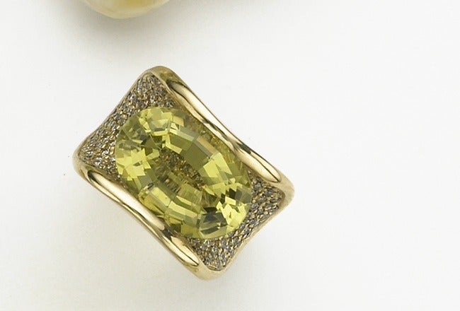 18 karat yellow gold pave champagne diamond vogue Ring with lemon citrine center, signed Sorab & Roshi. 
L. Cit= 9.89 cts. 
Ch. Dia=1.68 cts.