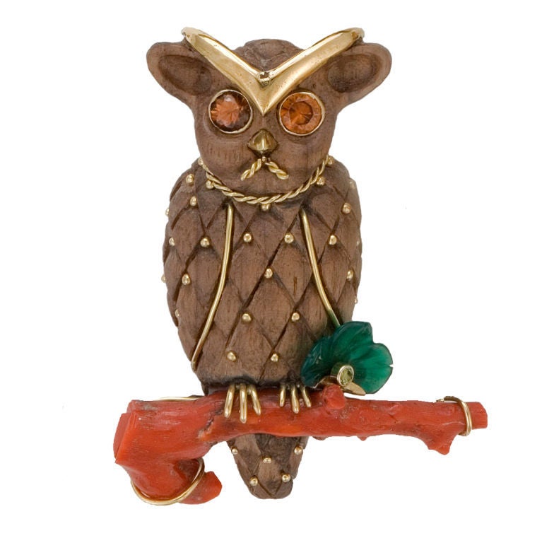 Sorab & Roshi Owl Pin on a Coral Branch For Sale