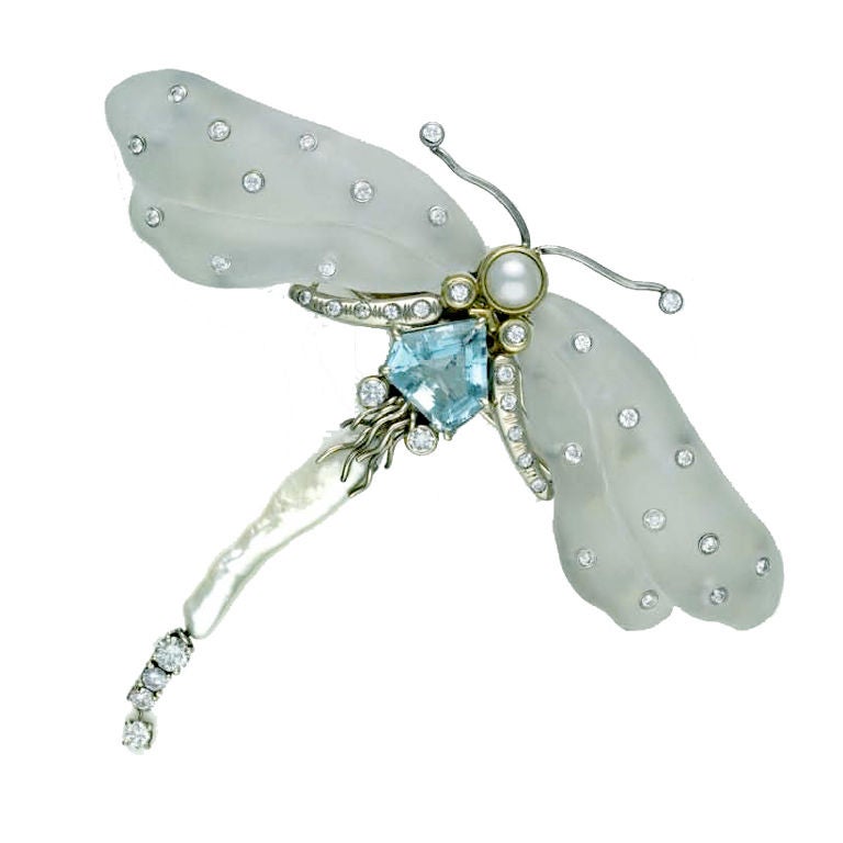 Sorab & Roshi Dragonfly Pin With Aqua & Diamond For Sale