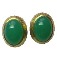 Sorab 
Roshi Hammered Gold Earrings With Cabochon Crysophrase.