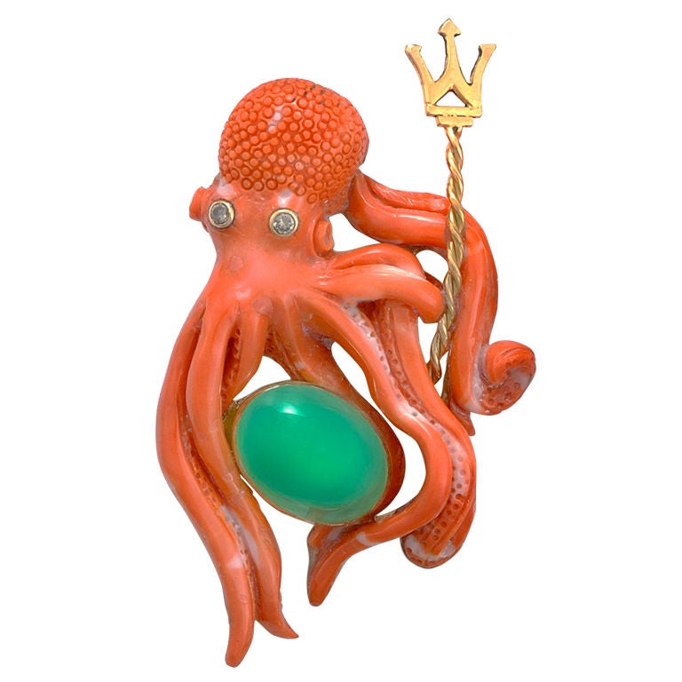 SORAB & ROSHI Coral Octopus Pin with Chrysophrase For Sale