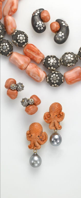 18 karat yellow gold Coral Octopus Earrings with tahitian pearl & diamond detachable drops. Signed Sorab & Roshi