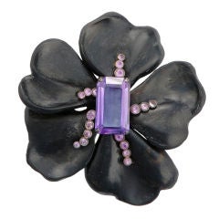 Sorab & Roshi Ebony wood Flower Pin with Amethyst
