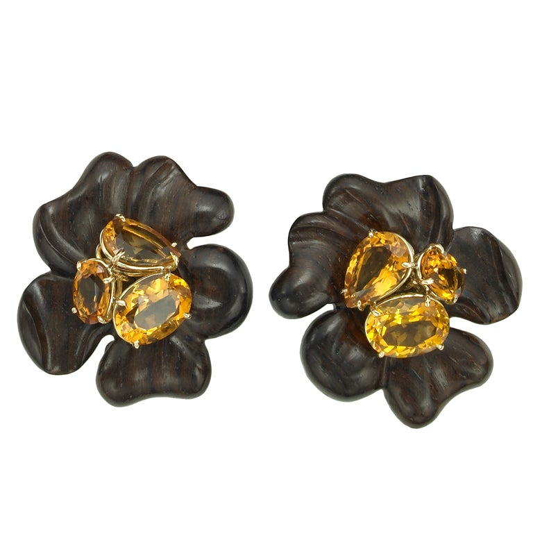 Sorab & Roshi Wood Flower Earrings with Citrine cluster center