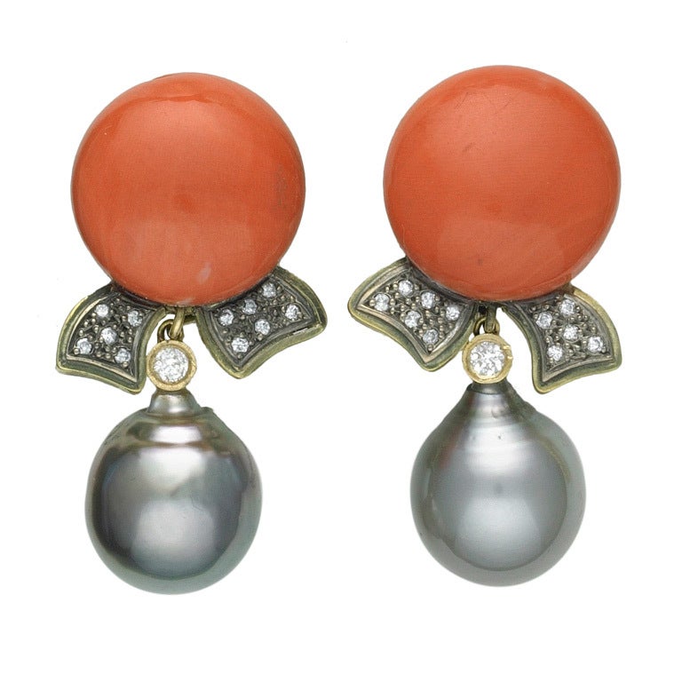 Sorab & Roshi Coral Button Earrings with Pave Diamond Bow For Sale