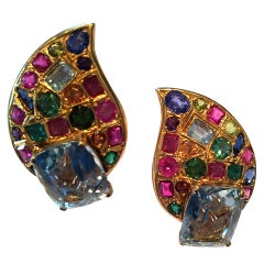 Vintage Yellow gold, aquamarine, sapphire, emerald and ruby earrings
