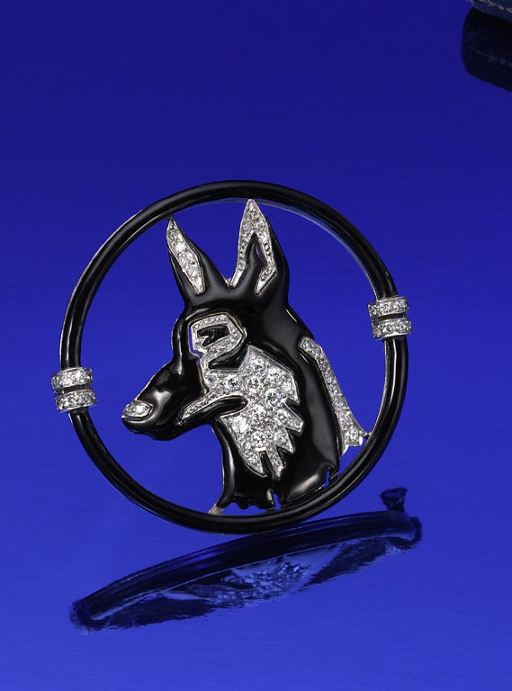 Platinum Art Deco brooch  in black enamel with diamond by Black, Starr & Frost, circa 1925.  The German Shepard is well done with fine white diamonds all near colorless (H) and very very slightly included.  Large and striking, this brooch is not