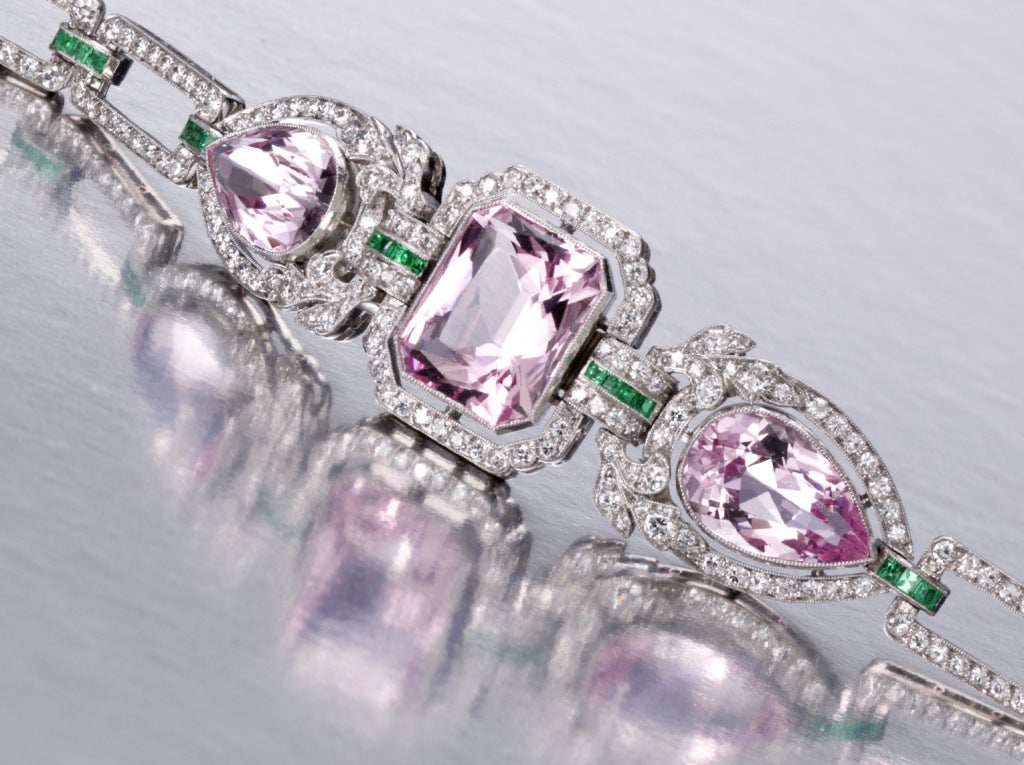 Women's Art Deco platinum, morganite, diamond and emerald bracelet