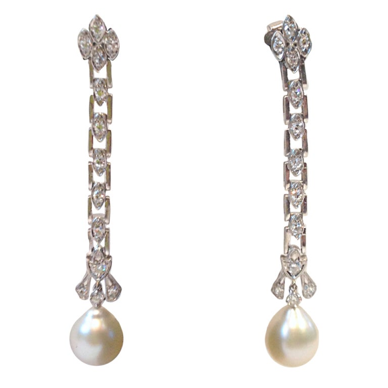 Hanging platinum, diamond and pearl earrings at 1stdibs