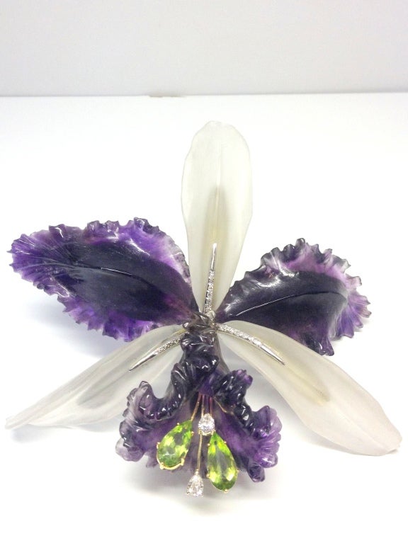 Women's Large carved amethyst and frosted crystal orchid brooch