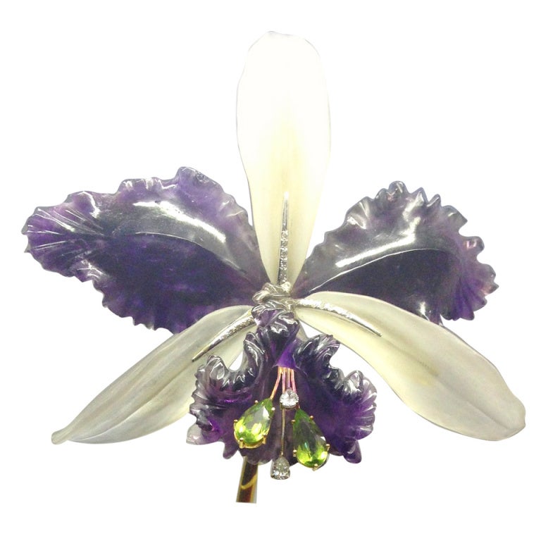 Large carved amethyst and frosted crystal orchid brooch