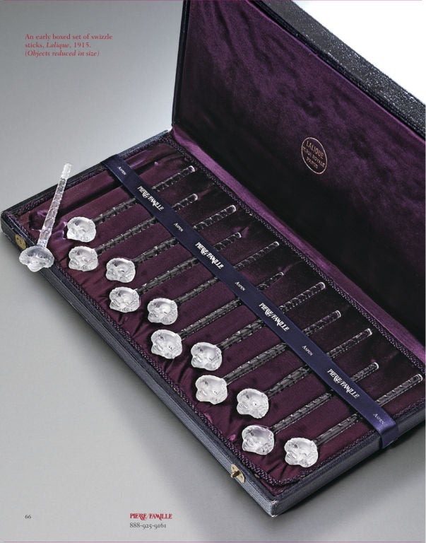 Unusual set of swizzle sticks in their original box by Lalique, c. 1930.