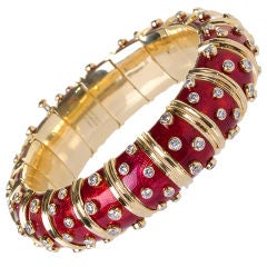 TIFFANY & Co. Schlumberger diamond and  red enamel wide bangle