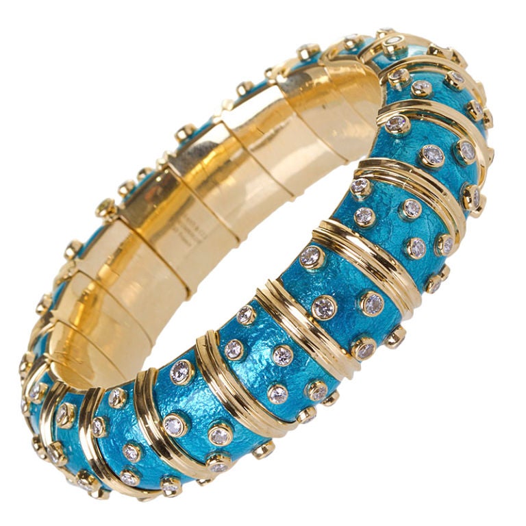 TIFFANY & Co. Schlumberger diamond and  blue enamel wide bangle