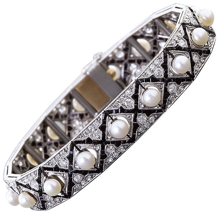 Art Deco Diamond Onyx Pearl Bracelet In Excellent Condition For Sale In Lakewood, NJ