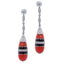 Fine Art Deco Diamond Onyx and Coral Hanging Earrings