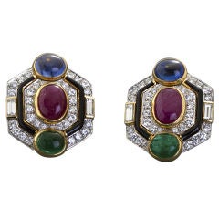 DAVID WEBB Diamond & Multi Color Gems Gold and Enamel Ear Clips