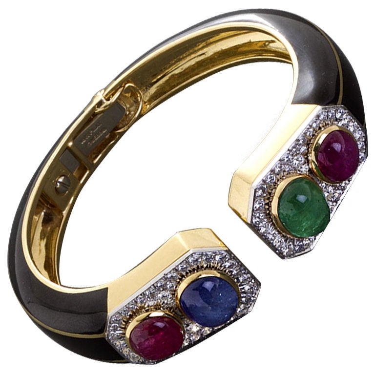 DAVID WEBB Diamond and Multi Color Gems Gold and Enamel Bangle