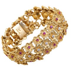Gold Wide Floral Bracelet with Diamond and Ruby Accents