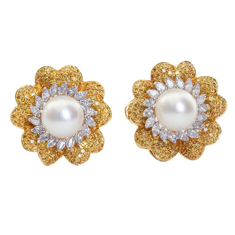 Fancy Yellow Diamond and Pearl Earrings at 1stDibs