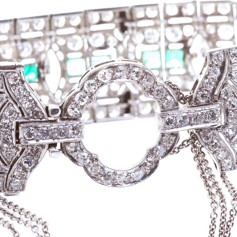 Art Deco Five Diamond Emerald Onyx Diamonds Buckle Bracelet 17.70 Carats 1