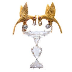 Antique Cut Diamond Lovebirds in Fountain Brooch
