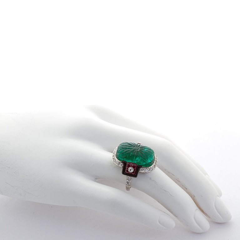 Superb  Large Carved Emerald Diamond Ruby Ring