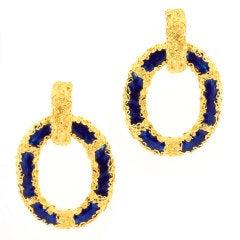 Gold Iridescent Blue Enamel Hoops Earrings