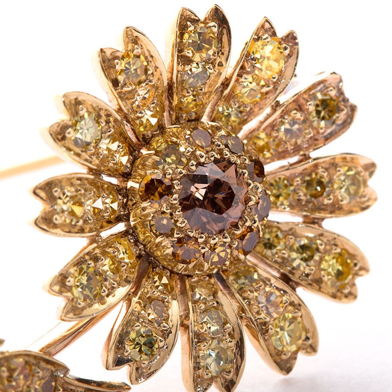 Brooches are back, so why don't you brooch the subject? Start off small but magnificent. This vintage yellow gold brooch contains approx. 1.45 carats of fine full-cut yellow and champagne color diamonds.  Center stone is a 0.20 ct chocolate colored
