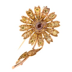 Yellow and Champagne Diamond Daisy Flower Brooch
