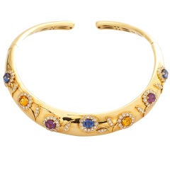 DAVID WEBB Gold Choker Multicolor Sapphire and Diamond Flowers