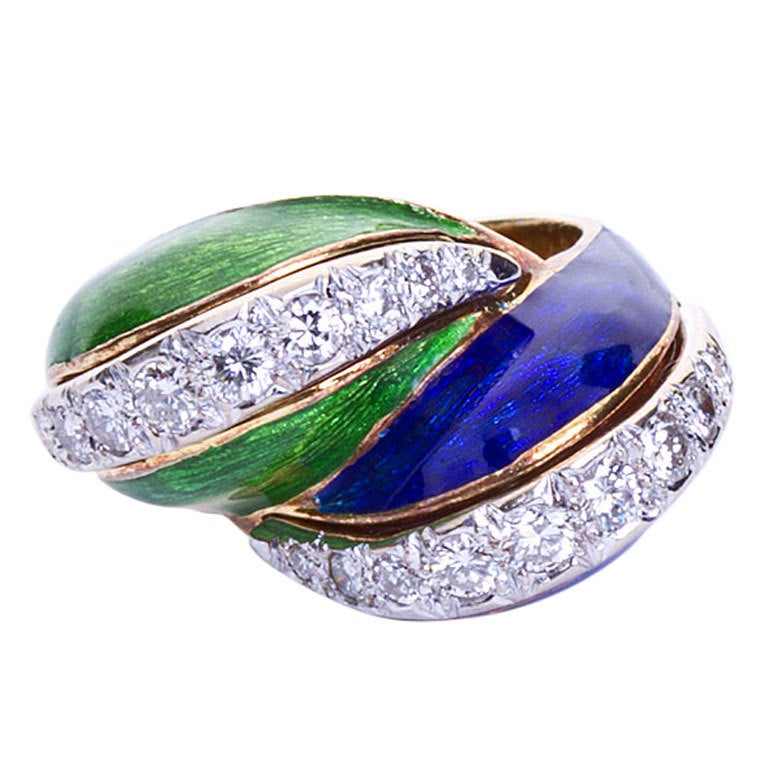 Diamond and blue and green Paillonné enamel 18k yellow gold twist ring by Tiffany Co. 
Ring size 5-1/2. 

No. TMWJ-4214