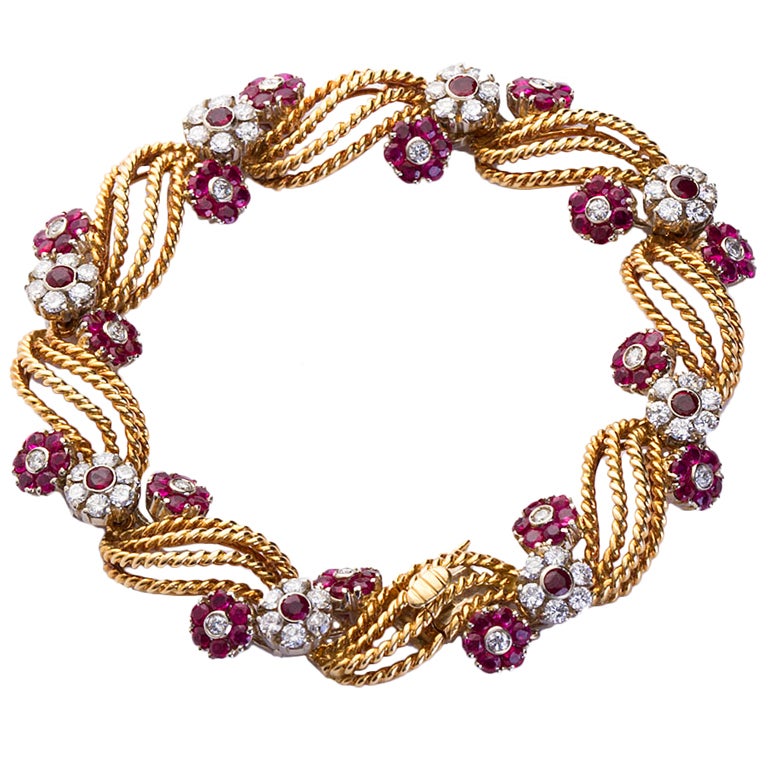 Spiraled Gold Diamond Ruby Florets Bracelet