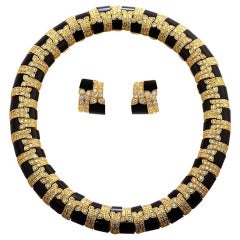 Deco Style Carved Onyx Necklace and Earclips Suite