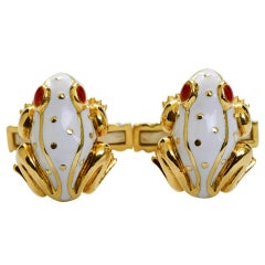 Vintage DAVID WEBB White & Red Enamel Gold Frog Cufflinks